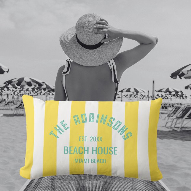 Beach House Custom Name Yellow Cabana Stripe Lumbar Pillow (Creator Uploaded)