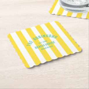 Beach House Custom Name Yellow Cabana Stripe Paper Coaster