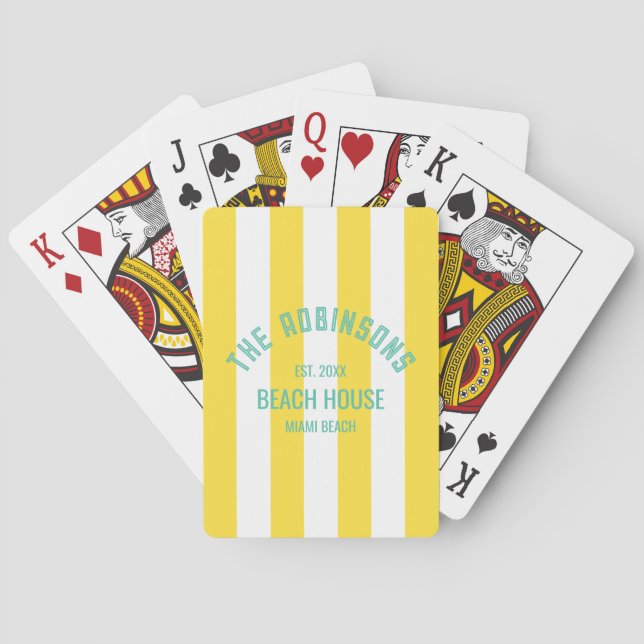 Beach House Custom Name Yellow Cabana Stripe Poker Cards (Back)