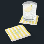 Beach House Custom Name Yellow Cabana Stripe Stone Coaster<br><div class="desc">Beach House Custom Name Yellow Cabana Stripe Stone Coaster, a stylish and personalized addition to your home or vacation getaway. Designed with vibrant yellow cabana stripes, this coaster can be customized with your family name, established date, and location, making it a one-of-a-kind keepsake or the perfect gift for housewarmings or...</div>
