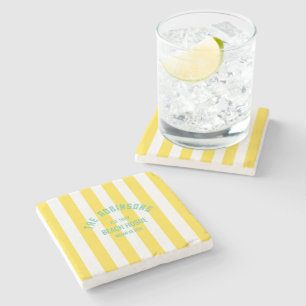 Beach House Custom Name Yellow Cabana Stripe Stone Coaster