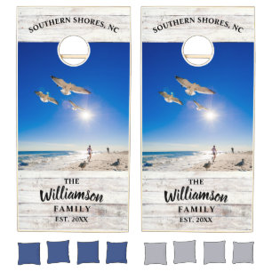 Beach House Custom Photo Family Name Rustic Wood Cornhole Set