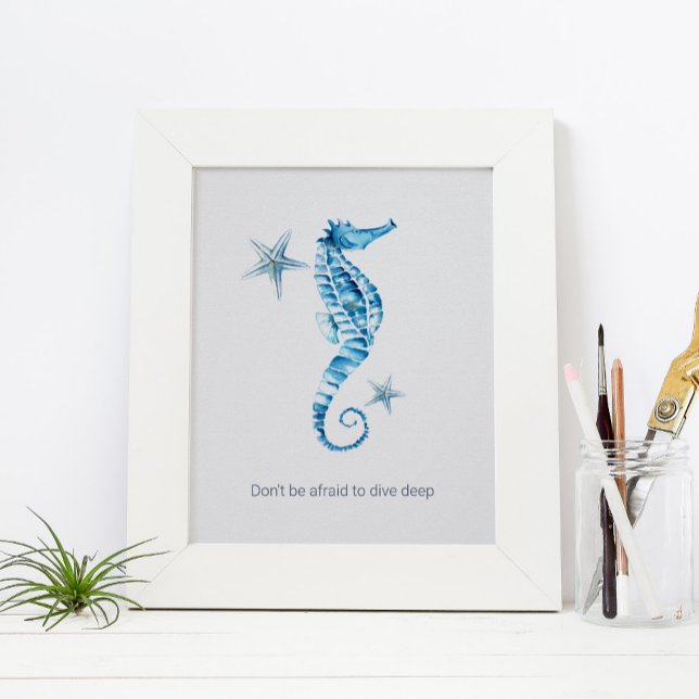 Beach House Custom Print Inspirational Posters (image features a framed custom print poster with seahorse watercolor art by Victoria Grigaliunas)