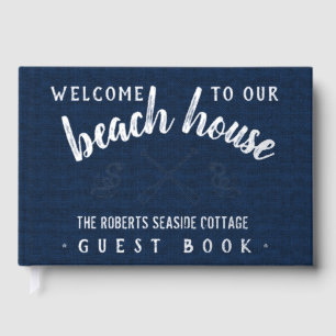 Beach House Customized Vacation Rental Navy Silver Foil Guest Book