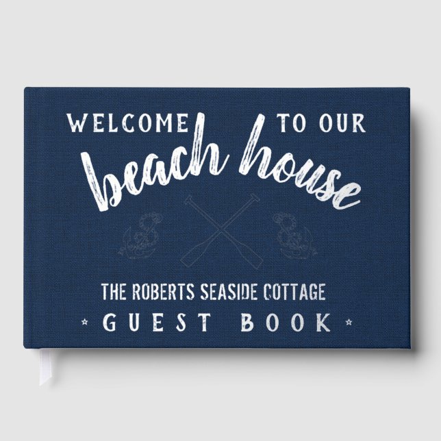 Beach House Customized Vacation Rental Navy Silver Foil Guest Book (Front)
