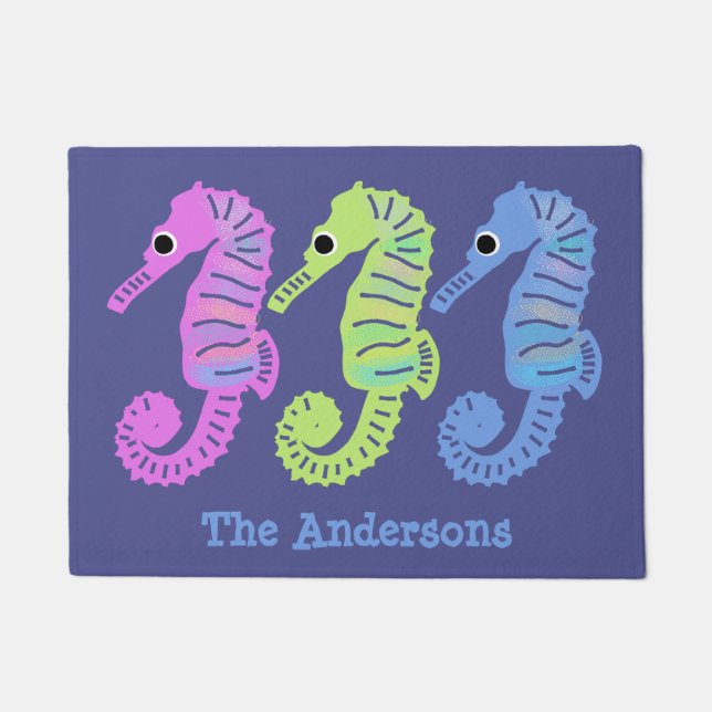 Beach House Cute Colorful Seahorses Personalized Doormat (Front)