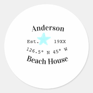 Beach house Date year custom coordinates add est. Classic Round Sticker