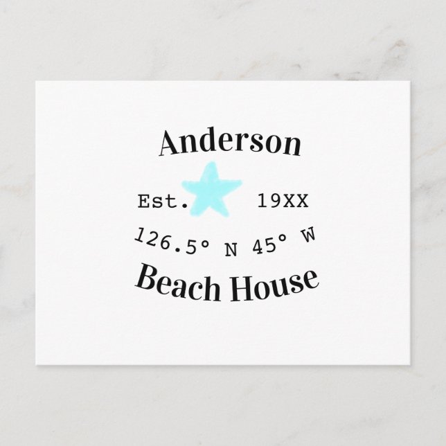 Beach house Date year custom coordinates add est. Postcard (Front)