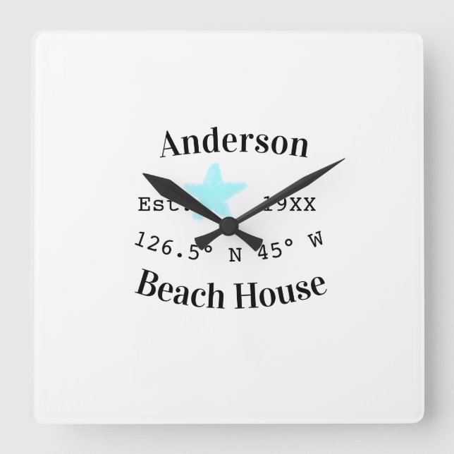 Beach house Date year custom coordinates add est. Square Wall Clock (Front)