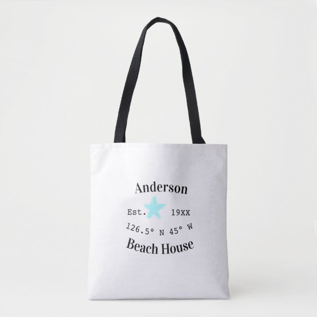 Beach house Date year custom coordinates add est. Tote Bag (Front)