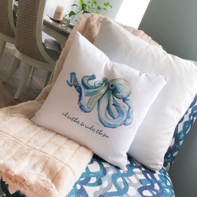 Beach House Decor Ocean Throw Throw Pillow (Beach house decor watercolor blue octopus art by Victoria Grigaliunas of Do Tell A Belle)