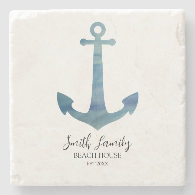 Beach House Established Anchor Nautical  Stone Coaster (Front)