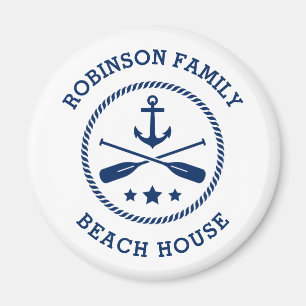 Beach House & Family Name Anchor Oars Stars Round Magnet