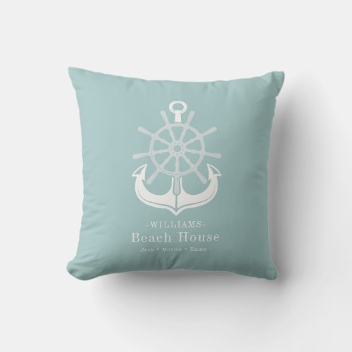 Beach House Family Name Anchor Throw Pillow