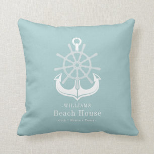 Beach House Family Name Anchor Throw Pillow