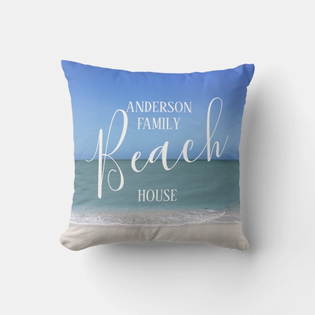 Beach House Family Name | Beautiful Beach Photo Outdoor Pillow (Front)