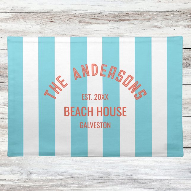 Beach House Family Name Blue Cabana Stripe Cloth Placemat (Creator Uploaded)