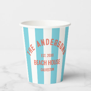 Beach House Family Name Blue Cabana Stripe Napki Paper Cups