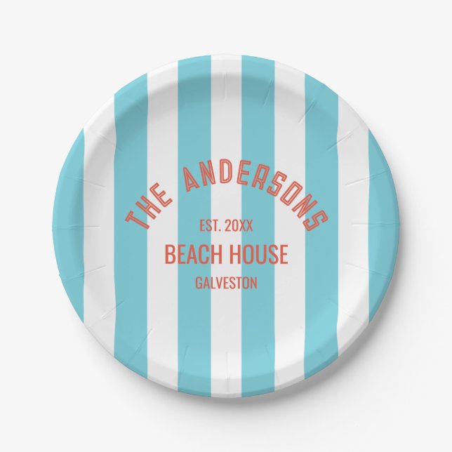 Beach House Family Name Blue Cabana Stripe Paper Plates (Front)