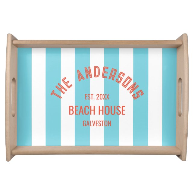 Beach House Family Name Blue Cabana Stripe Serving Tray (Front)