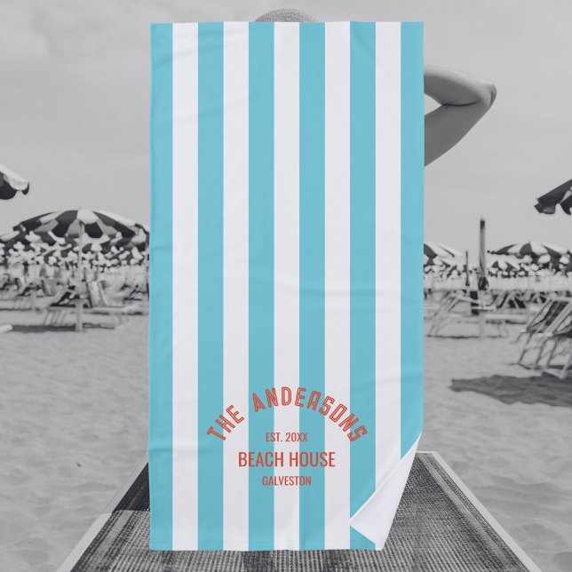 Beach House Family Name Blue Cabana Stripe Towel (Creator Uploaded)