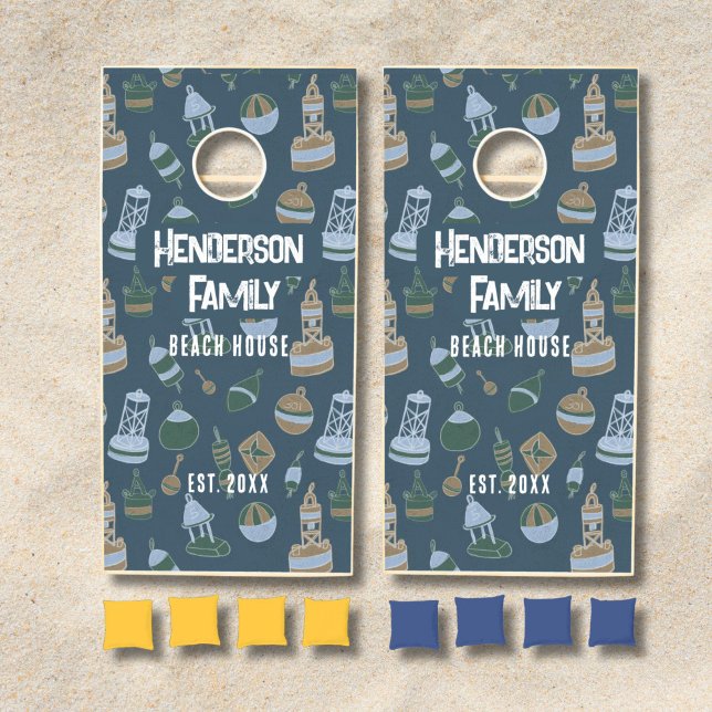 Beach House Family Name Cornhole Set (Cornhole beach house set with blue bouy pattern.)