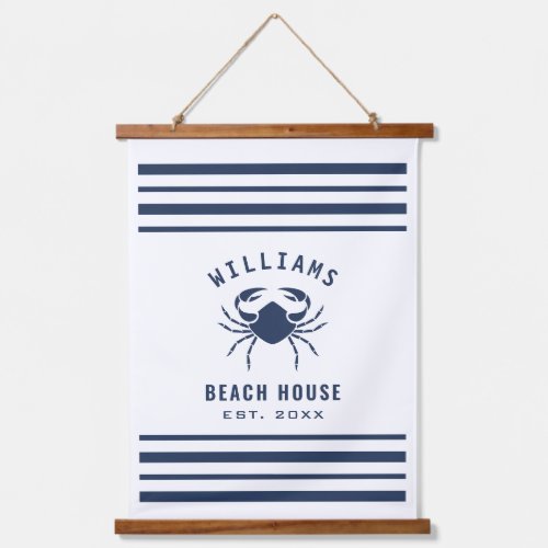 Beach House Family Name Crab Navy Blue And White Hanging Tapestry