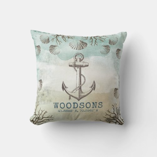 Beach House Family Name Nautical Custom Coordinate Throw Pillow