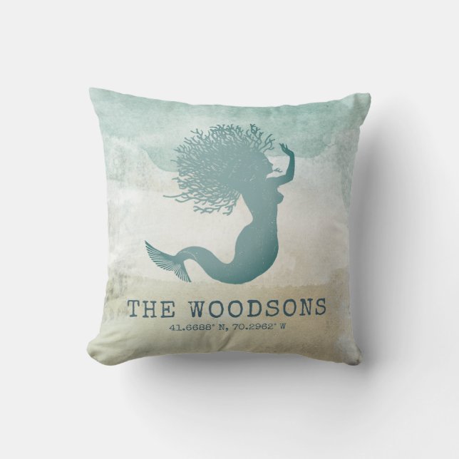 Beach House Family Name Nautical Custom Coordinate Throw Pillow (Front)