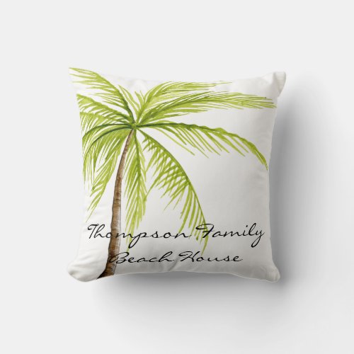 Beach House Family Name Palm Tree White Green Throw Pillow