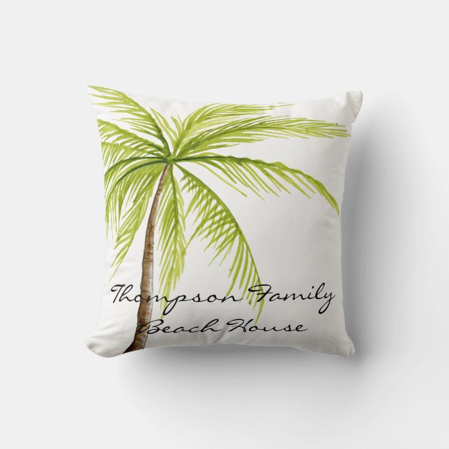 Beach House Family Name Palm Tree White Green Throw Pillow (Front)