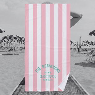 Beach House Family Name Pink Cabana Stripe Beach Towel