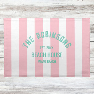 Beach House Family Name Pink Cabana Stripe Cloth Placemat