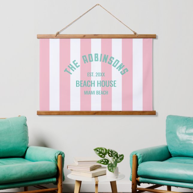 Beach House Family Name Pink Cabana Stripe Hanging Tapestry (Living Room)