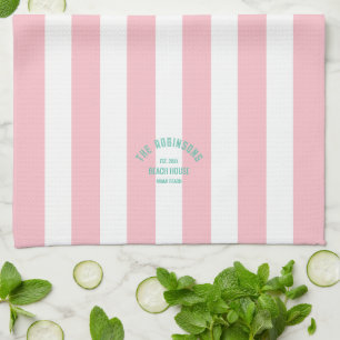 Beach House Family Name Pink Cabana Stripe Kitchen Towel