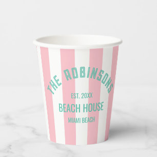 Beach House Family Name Pink Cabana Stripe Napki Paper Cups