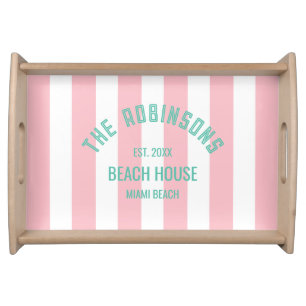 Beach House Family Name Pink Cabana Stripe Serving Tray