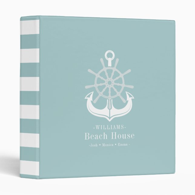 Beach House Family Name Teal Anchor 3 Ring Binder (Front/Spine)