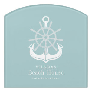 Beach House Family Name Teal Anchor Door Sign