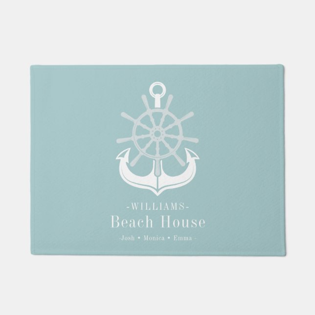 Beach House Family Name Teal Anchor Doormat (Front)