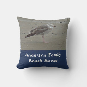 Beach House Family Name Unique Seagull Shore Bird Throw Pillow