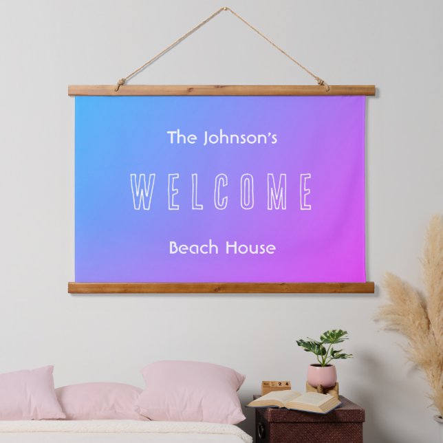 Beach House Family Name Welcome Sign Blue Purple Hanging Tapestry (Bedroom)