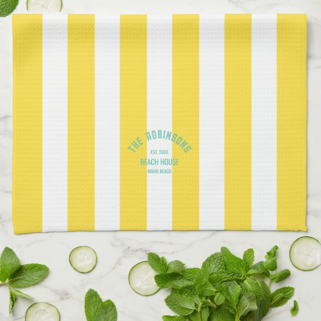 Beach House Family Name Yellow Cabana Stripe Kitchen Towel (Folded)