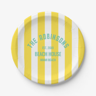 Beach House Family Name Yellow Cabana Stripe Paper Plates