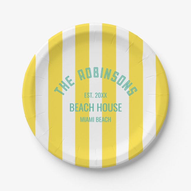 Beach House Family Name Yellow Cabana Stripe Paper Plates (Front)