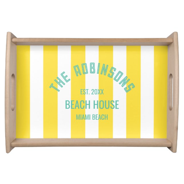Beach House Family Name Yellow Cabana Stripe Serving Tray (Front)