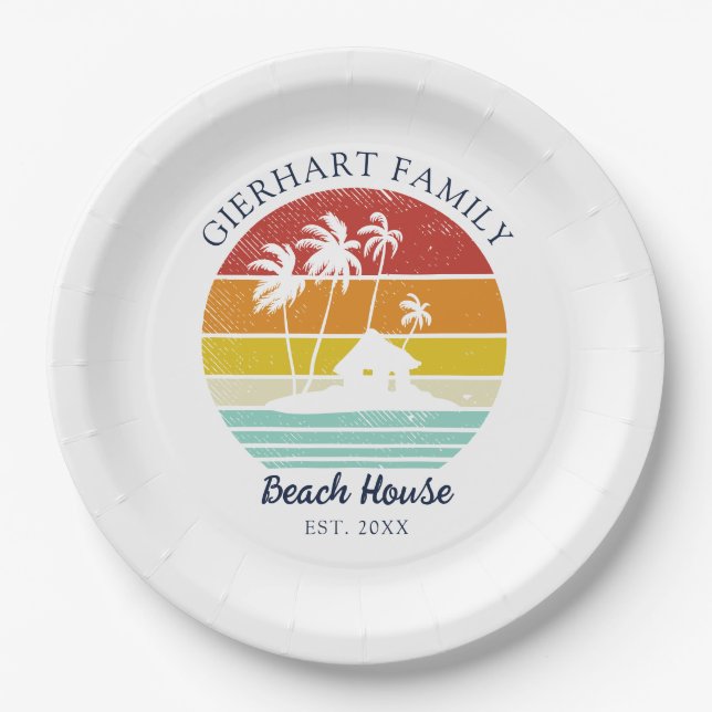 Beach House Family Reunion Seaside Palm Trees Paper Plates (Front)