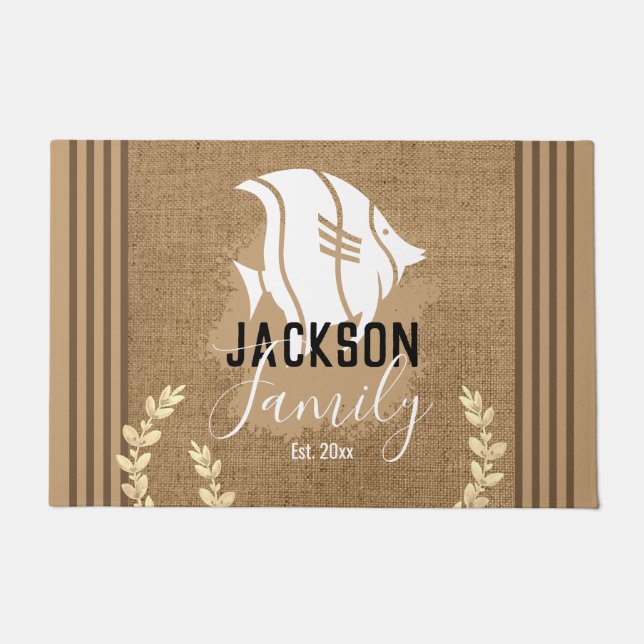 Beach House Fish Burlap Family Name Doormat (Front)