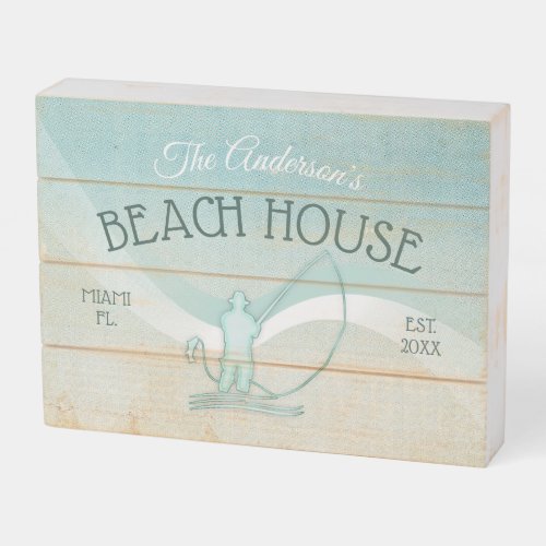 Beach House Fisherman Aqua Blue ID623 Wooden Box Sign