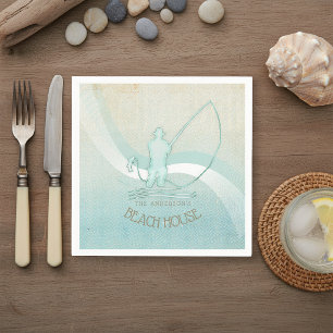 Beach House Fisherman Silhouette Aqua Blue ID623 Napkins